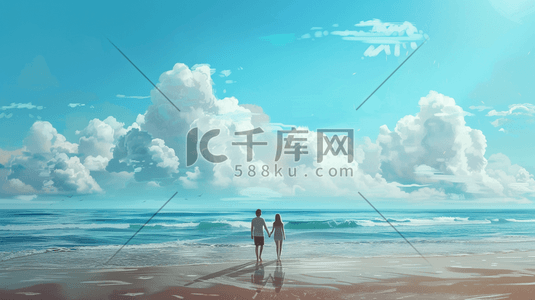 蓝天白云下大海沙滩上情侣散步的插画8