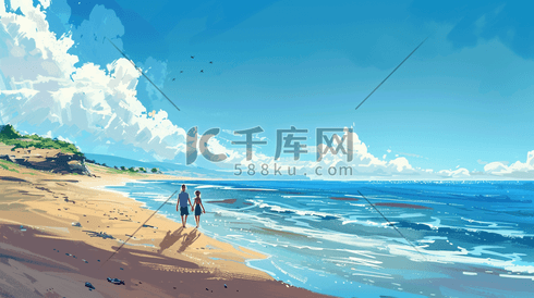 蓝天白云下大海沙滩上情侣散步的插画21