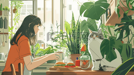 女孩猫咪插画图片_彩色手绘绘画艺术风格室内女孩猫咪的插画