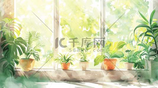 彩色手绘绿色植物女子站在窗边的插画