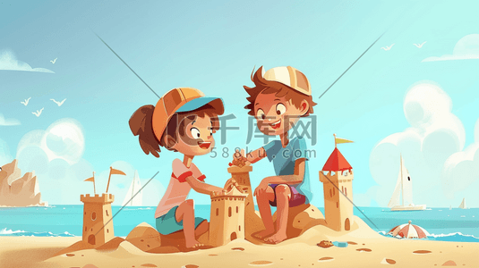 展台搭建插画图片_彩色户外卡通沙滩上儿童搭建城堡的插画3