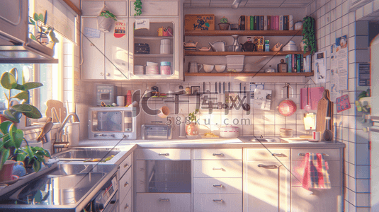 物品提示动效插画图片_彩色时尚厨房厨具物品的插画