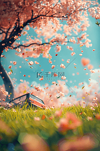 春天盛开绿植樱花3d海报原创插画