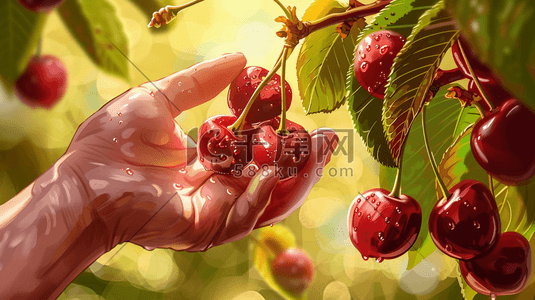 手摘插画图片_手绘绘画户外果园手摘樱桃的插画