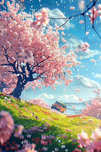 绿植春天盛开樱花3d海报矢量插画