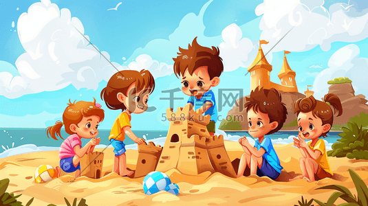 展台搭建插画图片_彩色户外卡通沙滩上儿童搭建城堡的插画1