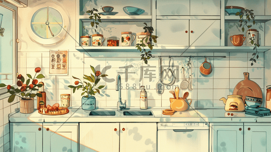 时尚橱柜插画图片_彩色时尚厨房厨具物品的插画