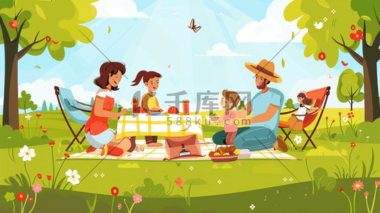 彩色卡通一家人春游野餐的插画