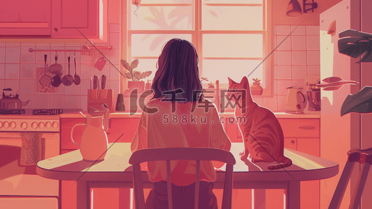 女孩猫咪插画图片_手绘绘画室内女孩猫咪的插画1