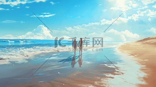 情侣沙滩插画图片_蓝天白云下大海沙滩上情侣散步的插画4