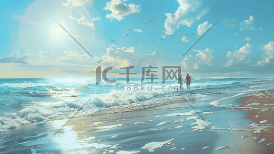散步情侣插画图片_蓝天白云下大海沙滩上情侣散步的插画9