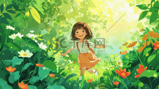 手绘公园插画图片_春天彩色手绘公园草丛里女孩游玩的插画