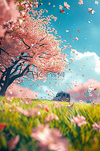 春天盛开绿植3d海报樱花插画图片