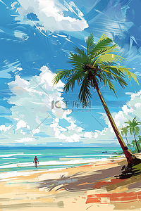 沙滩椰树插画图片_海边沙滩植被手绘春天插画