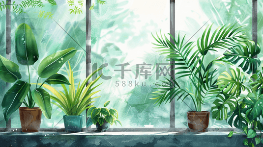 手绘植物叶片插画图片_彩色手绘绿色植物女子站在窗边的插画