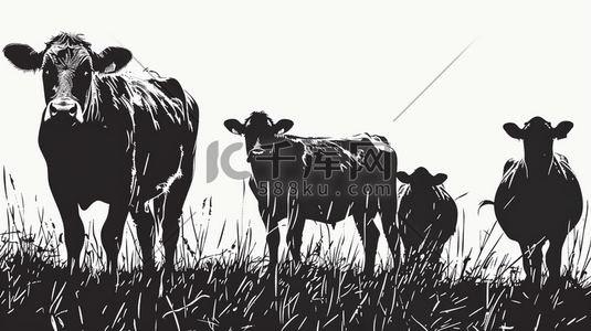 素描农场插画图片_户外绿色山坡农场奶牛的插画