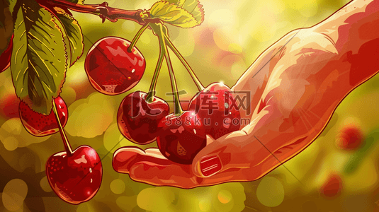 启动仪式六个手掌插画图片_手绘绘画户外果园手摘樱桃的插画