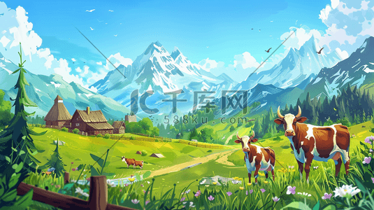 手绘草坪草地插画图片_彩色手绘绘画户外农场奶牛的插画2