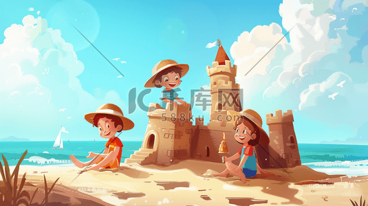 展台搭建插画图片_彩色户外卡通沙滩上儿童搭建城堡的插画4