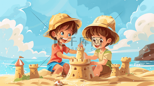 城堡儿童插画图片_彩色户外卡通沙滩上儿童搭建城堡的插画10