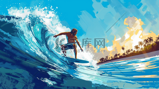 男人吹头发插画图片_彩色海上男人冲浪滑板的插画14