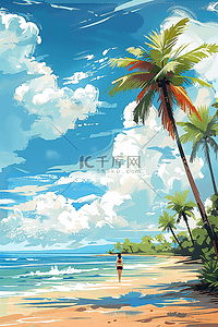 阳光沙滩插画图片_海边沙滩春天植被手绘插画
