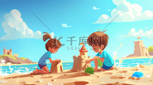 彩色户外卡通沙滩上儿童搭建城堡的插画8