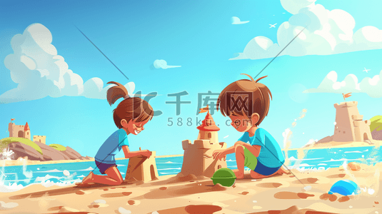 搭建拼图的小人插画图片_彩色户外卡通沙滩上儿童搭建城堡的插画8