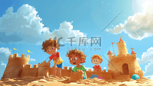 展台搭建插画图片_彩色户外卡通沙滩上儿童搭建城堡的插画7