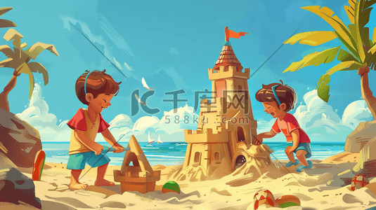沙滩卡通沙滩插画图片_彩色户外卡通沙滩上儿童搭建城堡的插画9