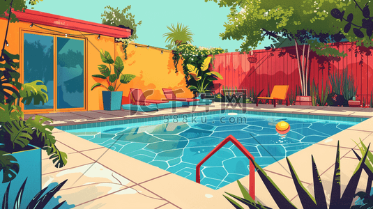 彩色时尚豪宅漂亮泳池的插画