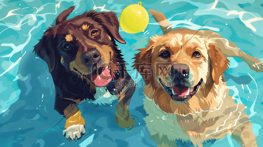 彩色油画泳池里狗狗游泳的插画
