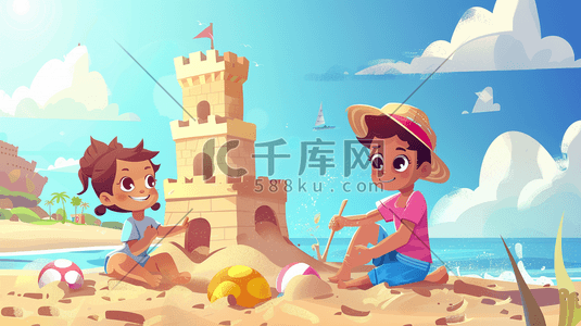 沙滩卡通沙滩插画图片_彩色户外卡通沙滩上儿童搭建城堡的插画5