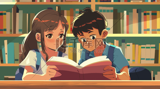 卡通男插画图片_彩色手绘图书室男女孩看书的插画