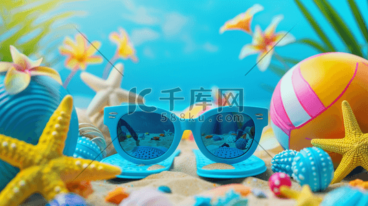 泳池蓝色插画图片_夏天泳池泳镜玩具球沙滩的插画13