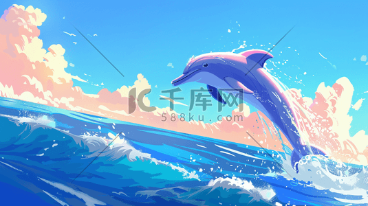 海豚你真棒插画图片_可爱清新海里海豚跳跃的插画