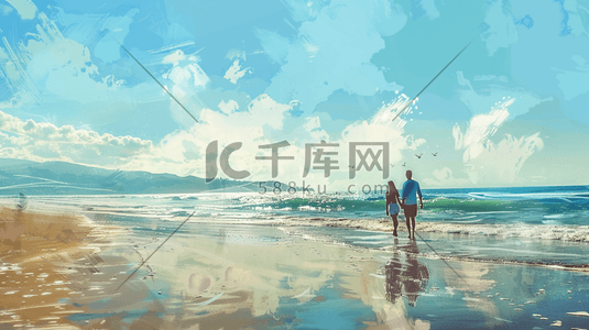 散步情侣插画图片_蓝天白云下大海沙滩上情侣散步的插画1