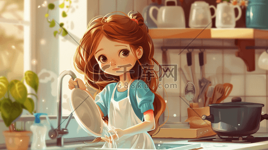 彩色卡通女孩室内厨房做饭的插画