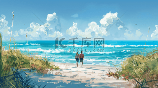 情侣沙滩插画图片_蓝天白云下大海沙滩上情侣散步的插画14