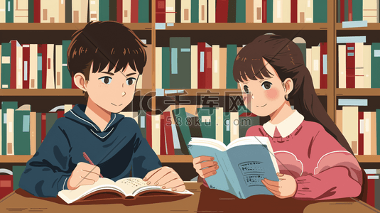 卡通男插画图片_彩色手绘图书室男女孩看书的插画