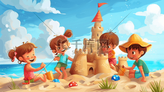 儿童城堡插画图片_彩色户外卡通沙滩上儿童搭建城堡的插画12