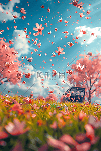 樱花花瓣手绘插画图片_盛开春天樱花绿植3d海报插图