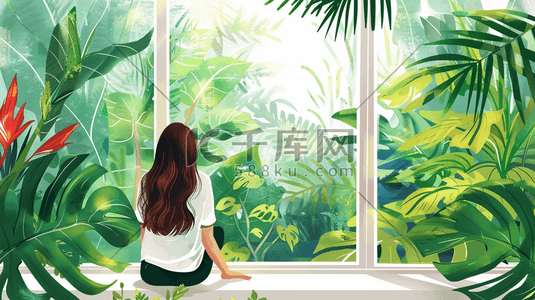 窗插画图片_彩色手绘绿色植物女子站在窗边的插画