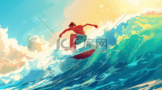 工中年男人插画图片_彩色海上男人冲浪滑板的插画11