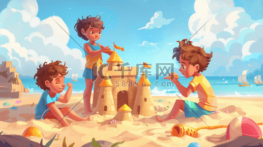 沙滩卡通沙滩插画图片_彩色户外卡通沙滩上儿童搭建城堡的插画6