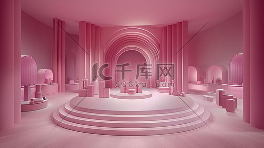 粉色台阶房间立体合成创意插画