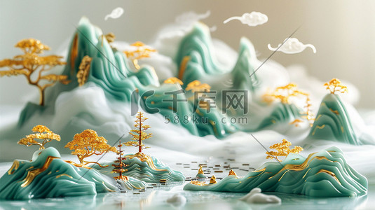 水流元素插画图片_山脉水流树林国风立体合成创意插画