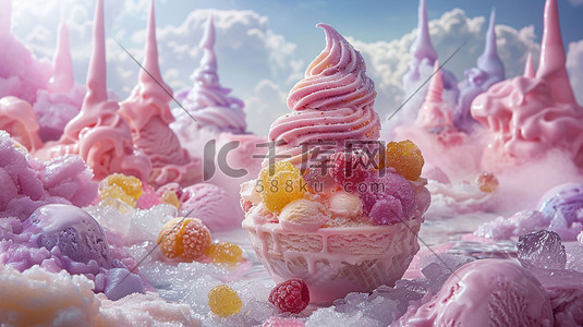 冰淇淋双球插画图片_冰淇淋冰块七彩立体合成创意插画