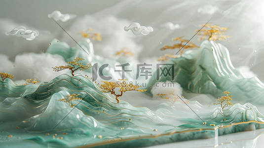 水流元素插画图片_山脉水流树林国风立体合成创意插画