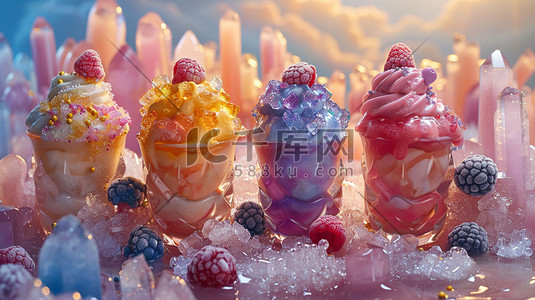 七彩冰淇淋插画图片_冰淇淋冰块七彩立体合成创意插画